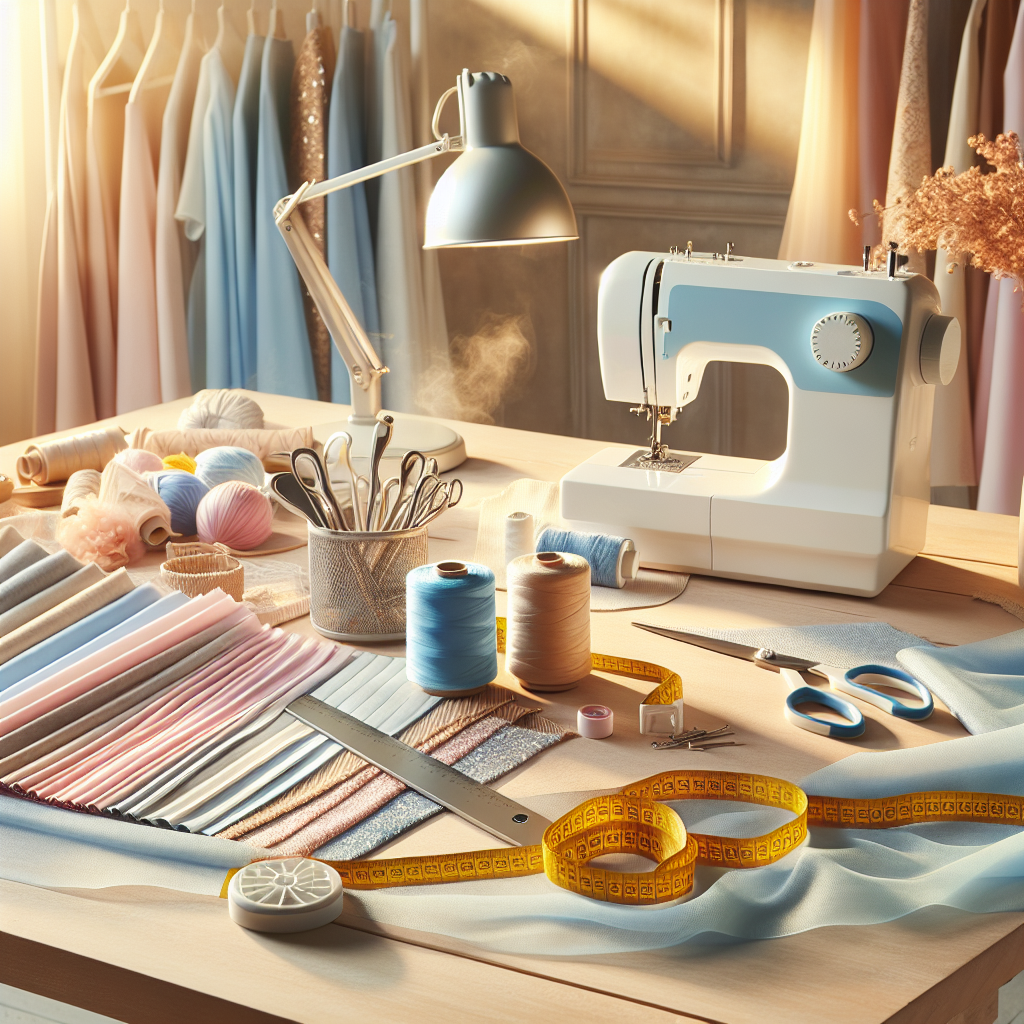 A sewing workspace featuring fabric swatches, measuring tools, a sewing machine, and an iron.