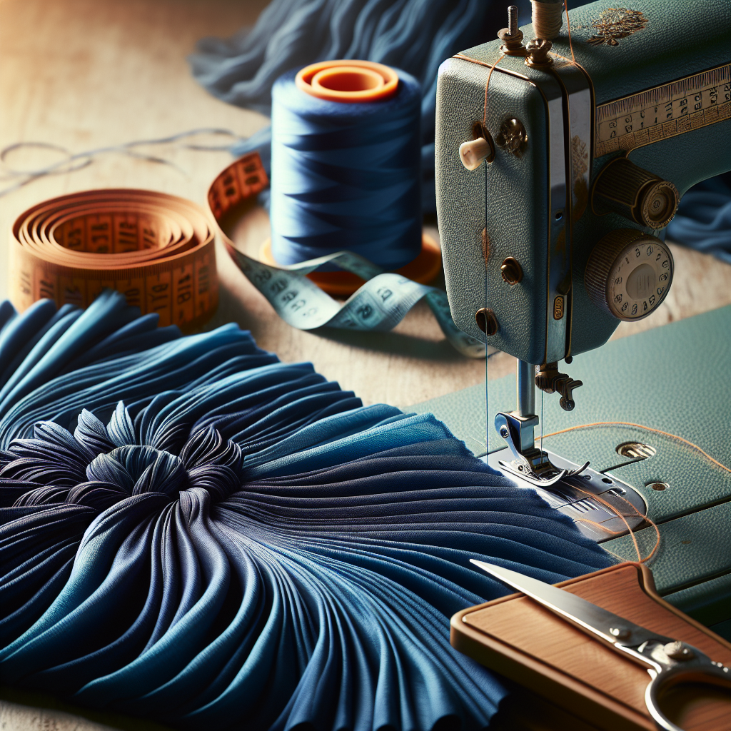 A close-up of a vibrant blue fabric with pleats, alongside a sewing machine and measuring tape.