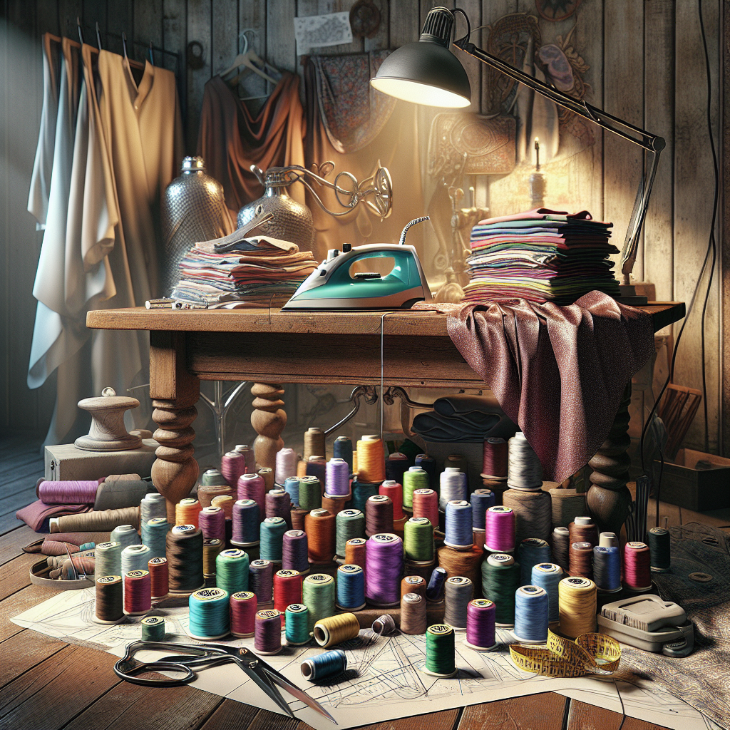 A sewing workspace with an iron, pressed fabric, spools of thread, and sewing tools.