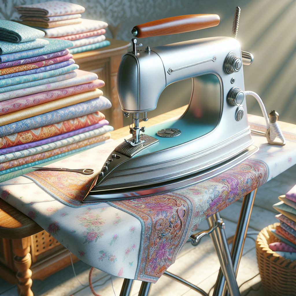 A sewing setup with an iron, sewing machine, and neatly pressed fabric pieces.