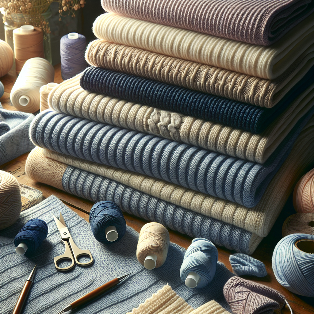 A realistic depiction of different types of knit fabrics and sewing tools on a table.