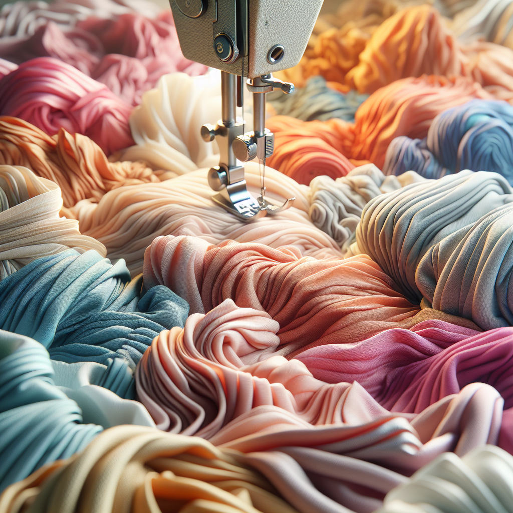 Close-up of puckering fabric in various colors near a sewing machine, illustrating sewing challenges.