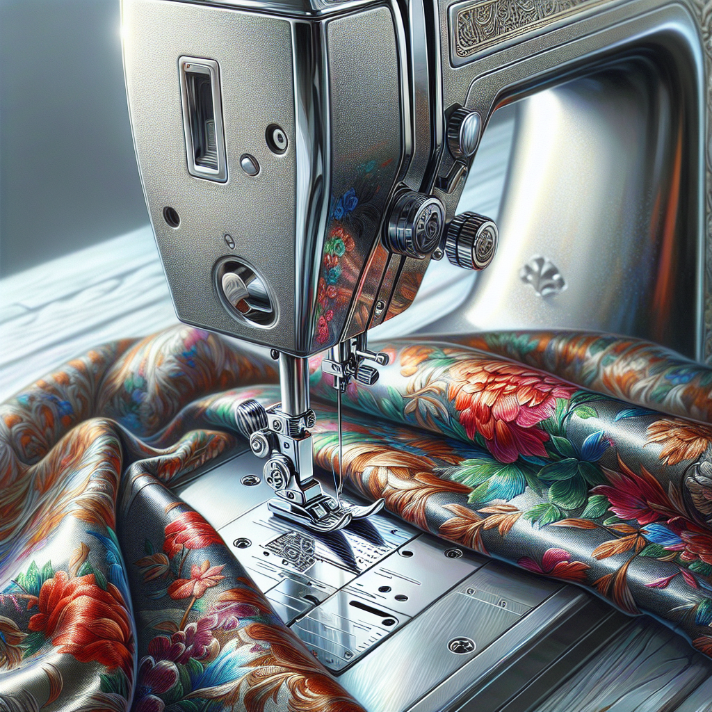 Close-up of a sewing machine with puckering fabric, highlighting a vibrant floral pattern.