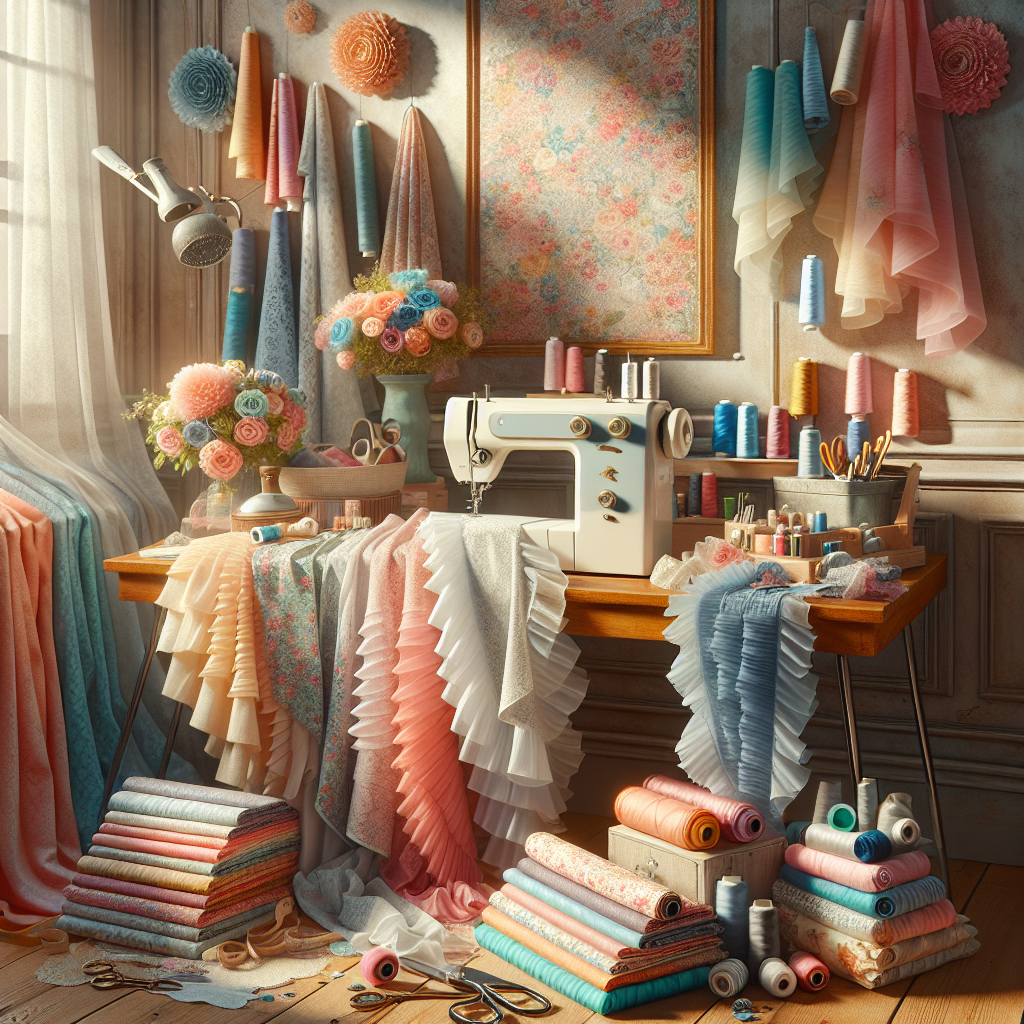 A sewing workspace with colorful fabrics, a vintage sewing machine, and sewing tools, illuminated by natural light.