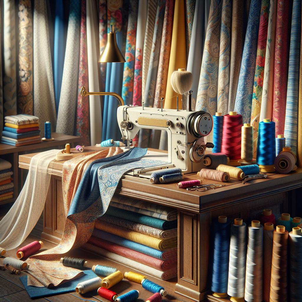 A sewing workspace with colorful fabrics, a sewing machine, and spools of thread.