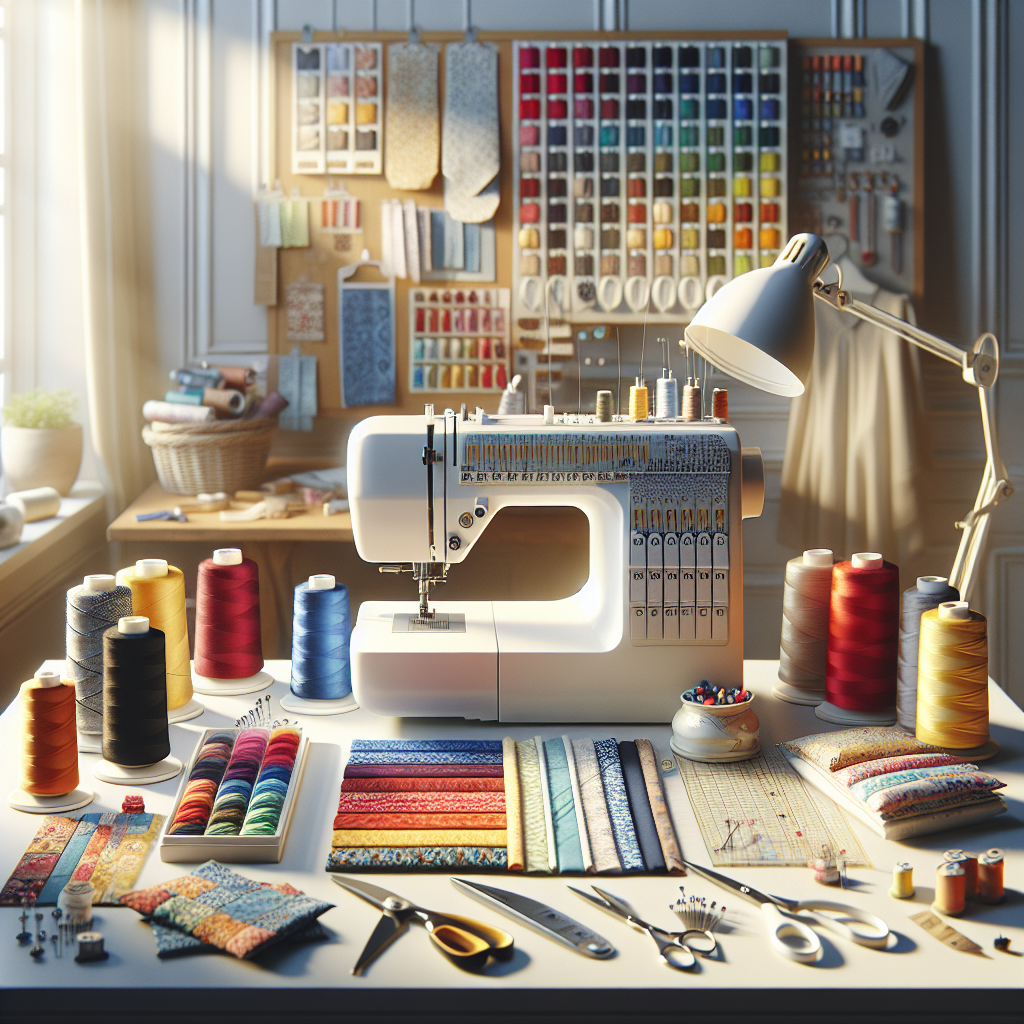 A sewing workspace with tools and vibrant fabric samples showcasing advanced sewing techniques.