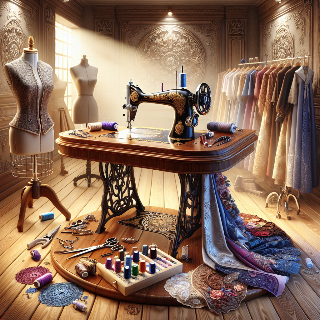 An advanced sewing setup with colorful fabrics, a sewing machine, and a mannequin displaying a tailored garment.