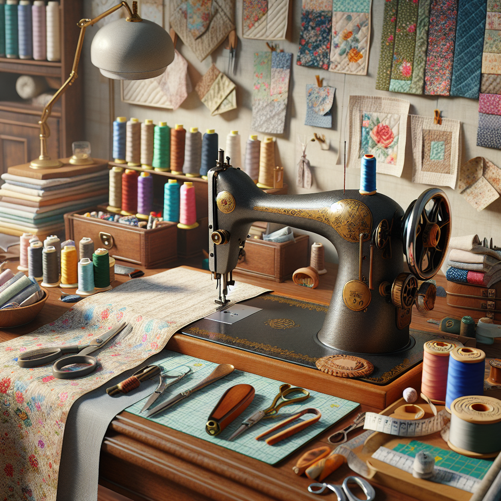 A detailed sewing workspace with tools and fabrics.