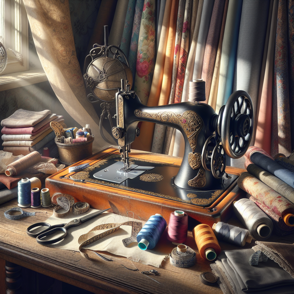 A sewing workspace with a vintage sewing machine, colorful fabrics, scissors, and spools of thread.