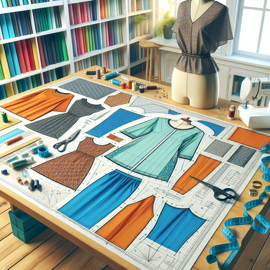 An illustration of a sewing pattern layout on a cutting table with colorful fabric and sewing tools.