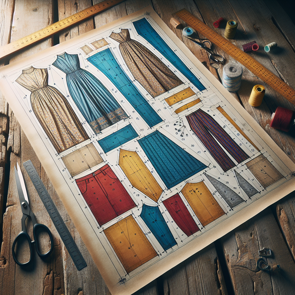 A sewing pattern layout on a wooden table with various fabric pieces, scissors, and a ruler.