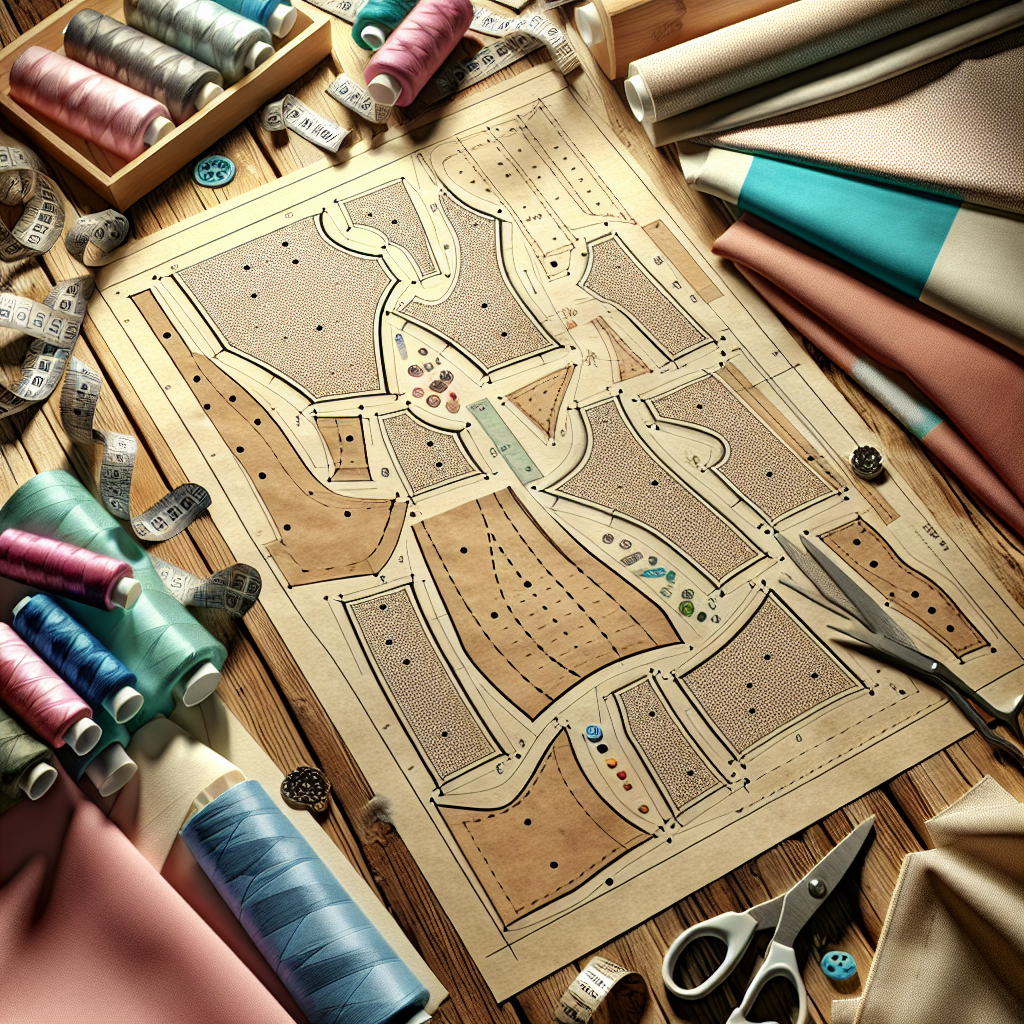 A sewing pattern on a wooden table with fabric pieces and sewing tools.