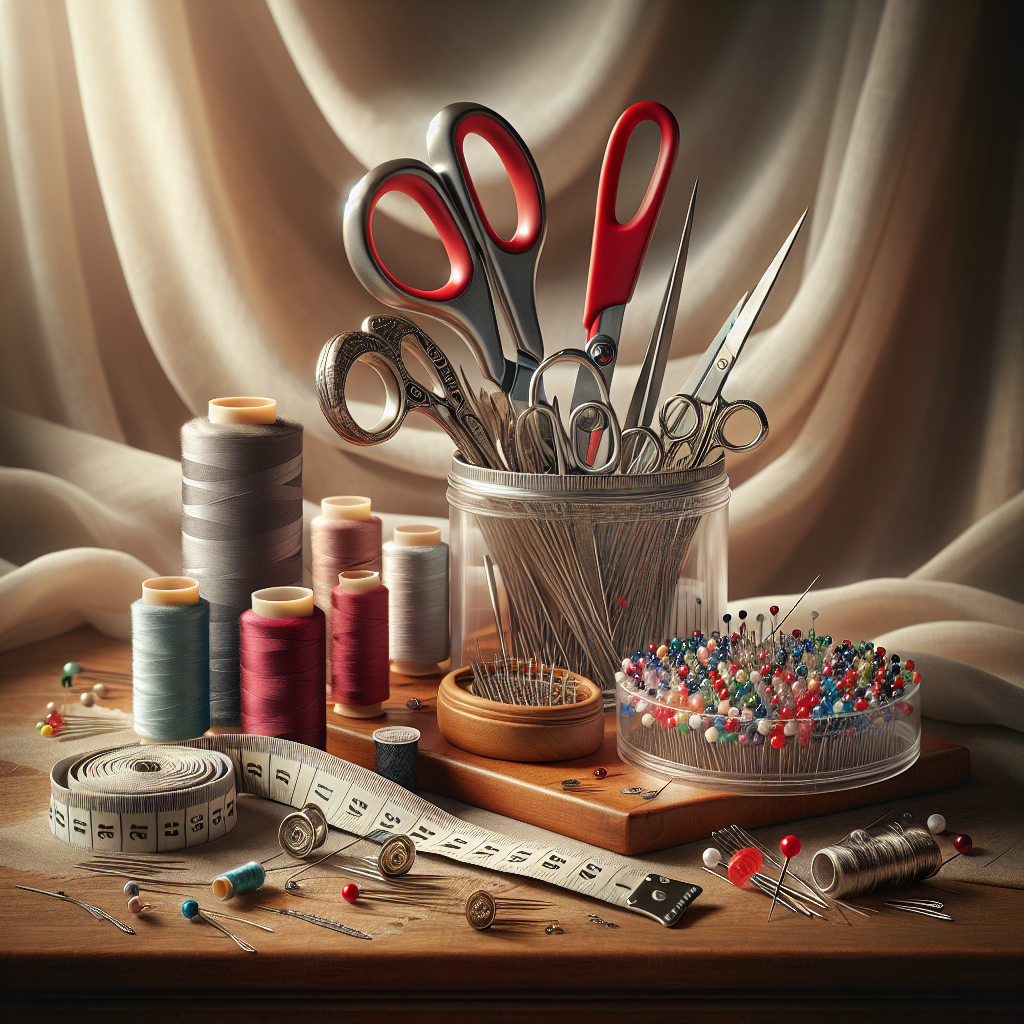 A collection of essential sewing tools including scissors, measuring tape, seam ripper, needles, and pins on a wooden table.