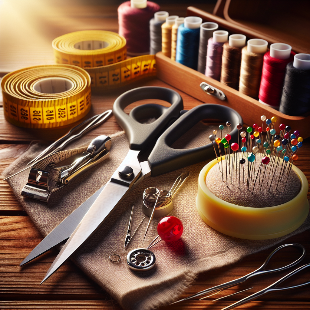 Essential sewing tools arranged on a wooden table.