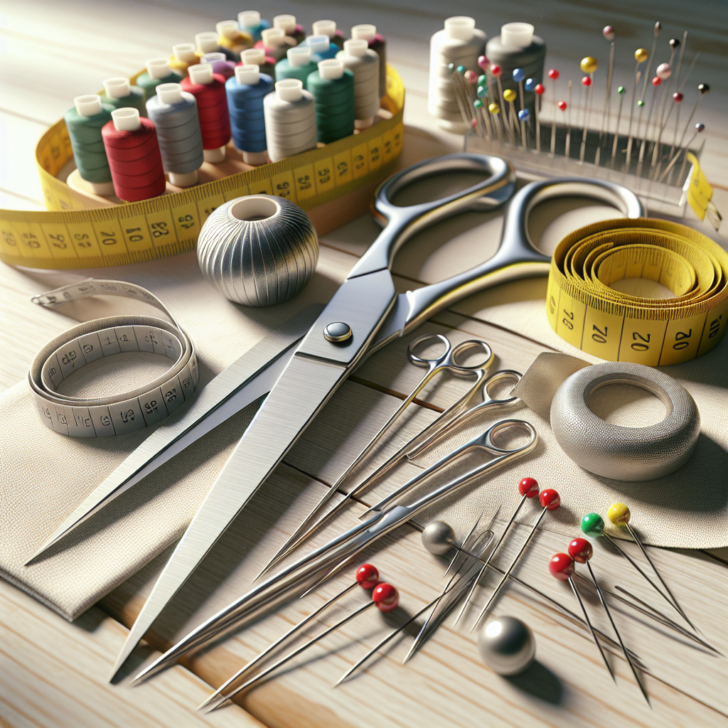 Essential sewing tools including scissors, measuring tape, seam ripper, needles, and pin cushion on a wooden table.