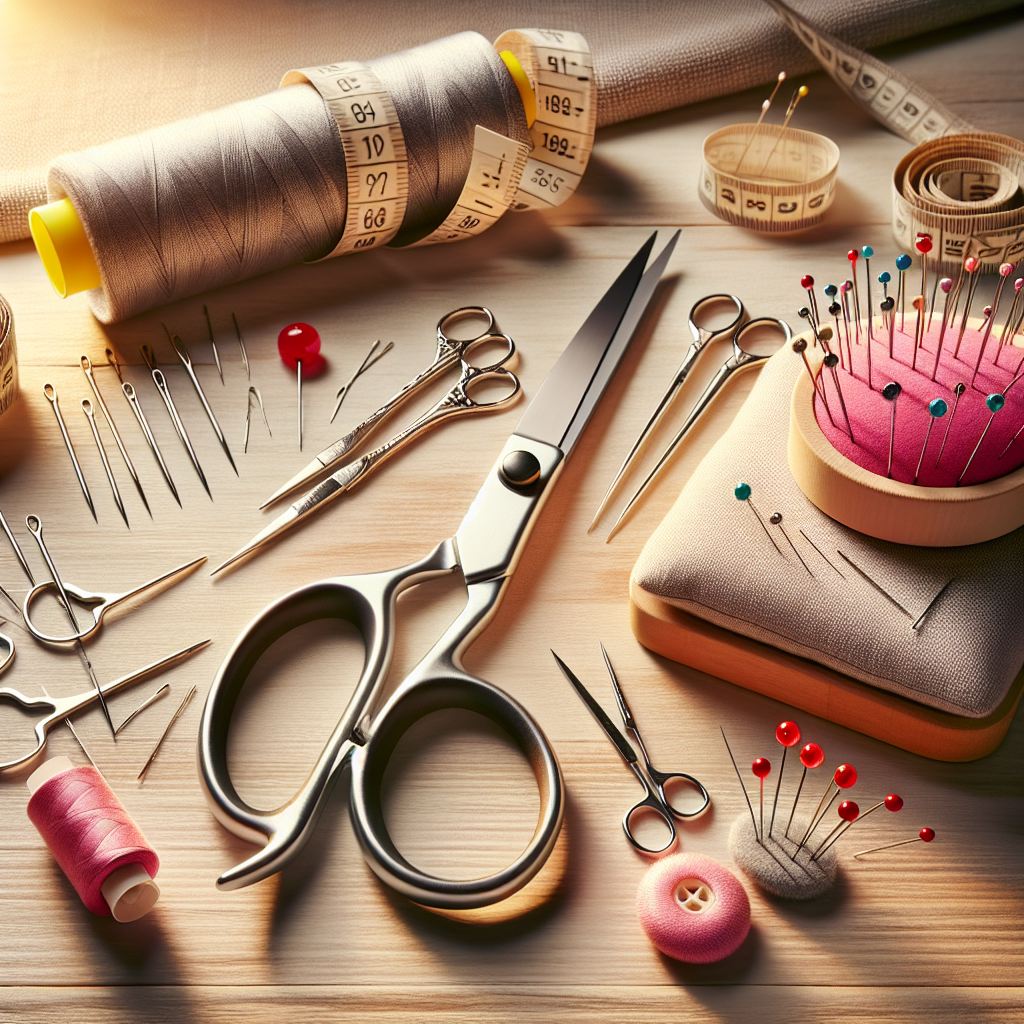 Essential sewing tools including scissors, measuring tape, seam ripper, needles, pins, and pin cushion on a wooden table.