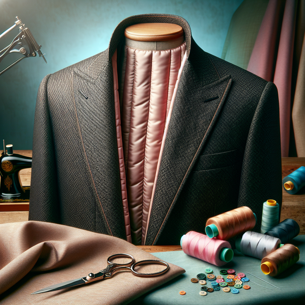 A close-up of a tailored jacket with smooth lining, sewing shears, and colorful spools of thread.