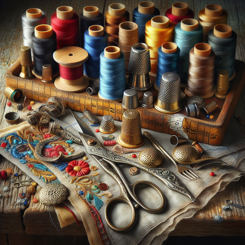 Arrangement of hand sewing tools on a wooden table, including colorful threads, scissors, and fabric.