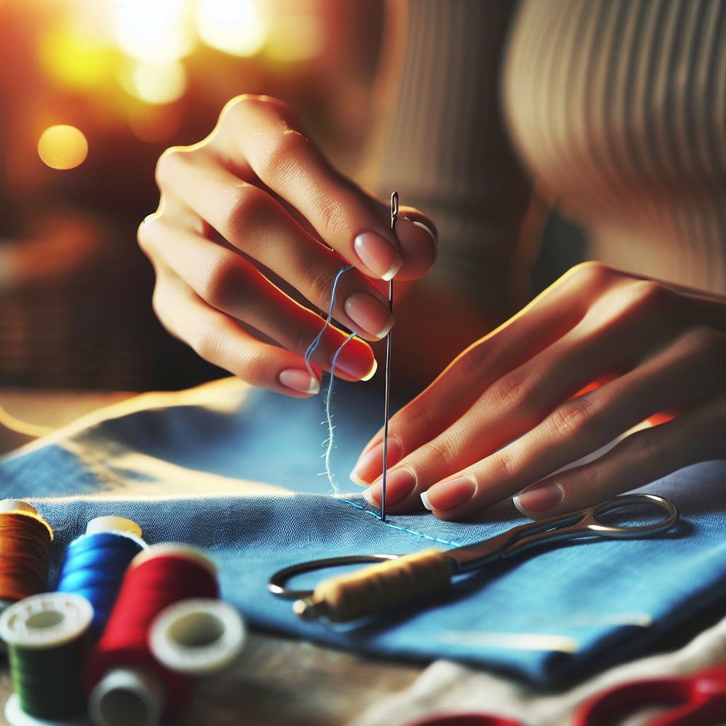 A close-up of hands sewing fabric with needles and thread in a cozy craft room.