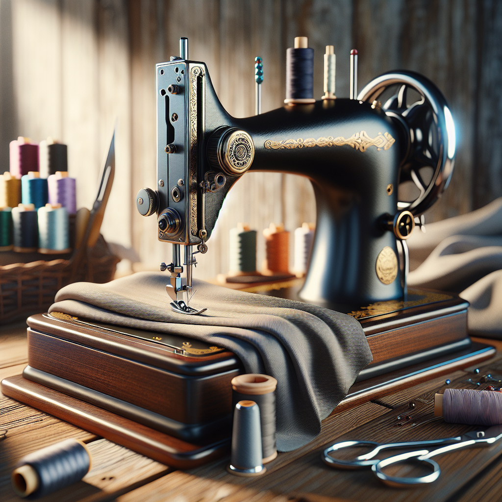 A close-up of a vintage sewing machine on a wooden table with sewing accessories.