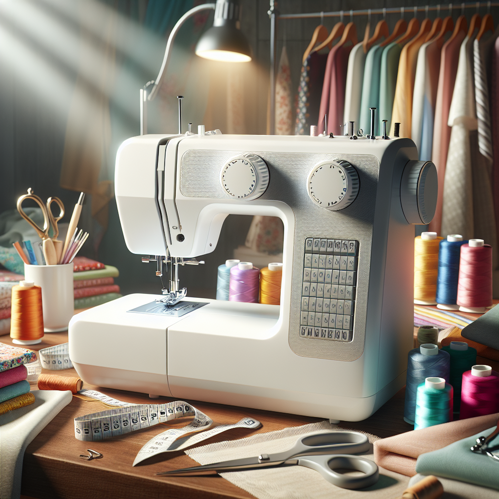 A sewing machine on a wooden table with colorful thread spools and sewing accessories.