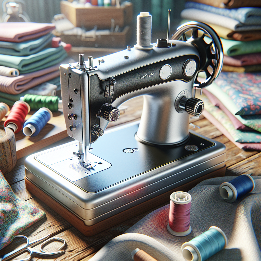 A sewing machine surrounded by colorful spools of thread and fabric swatches on a wooden table.