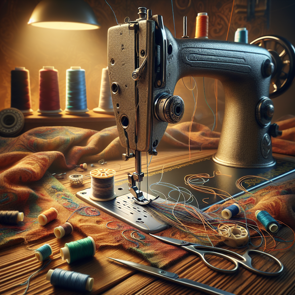 A close-up of a sewing machine showing common issues like thread jamming and tension problems.