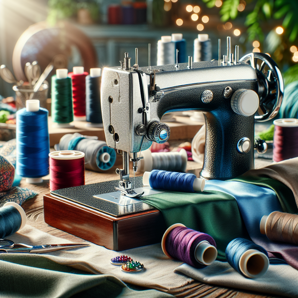 A close-up view of a sewing machine with colorful spools of thread and fabric showcasing neatly sewn edges.