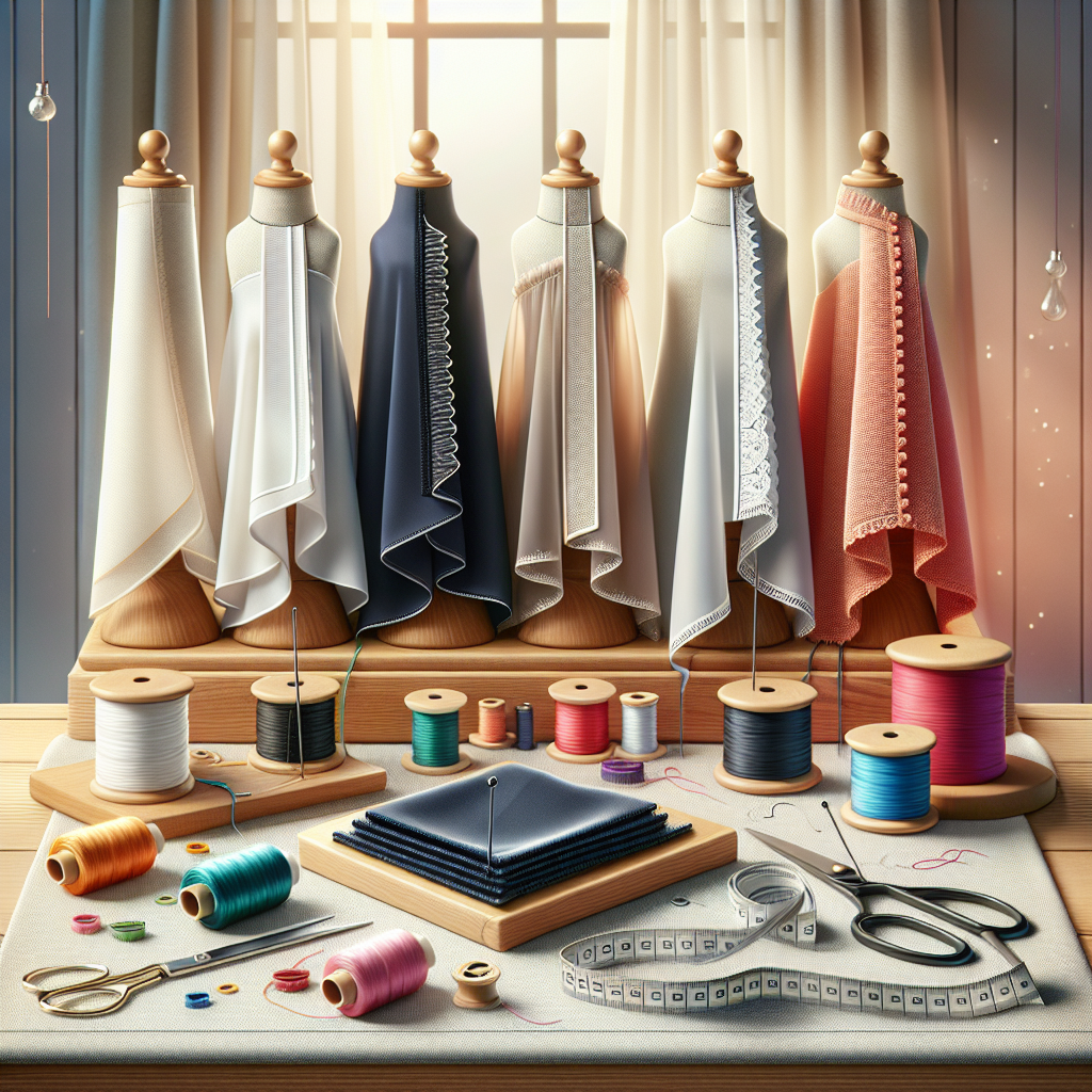 Various types of sewing hems displayed on a wooden table with sewing tools.