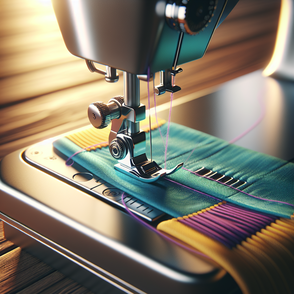 A close-up view of a sewing machine with a focus on the thread tension dial and fabric being sewn.