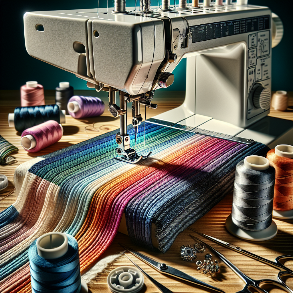 A close-up of a sewing machine with colorful threads and a beautifully stitched fabric.