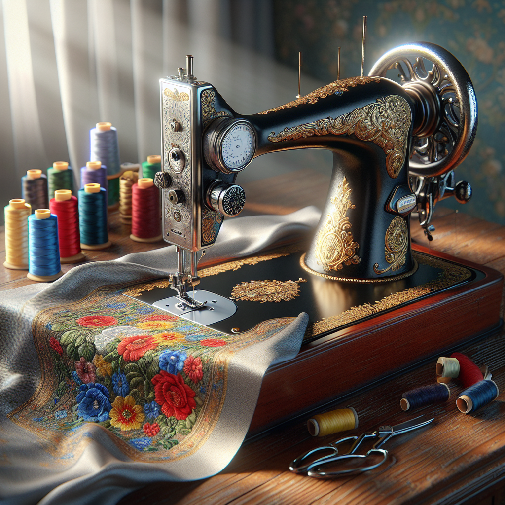 A vintage sewing machine with colorful spools of thread and floral fabric.