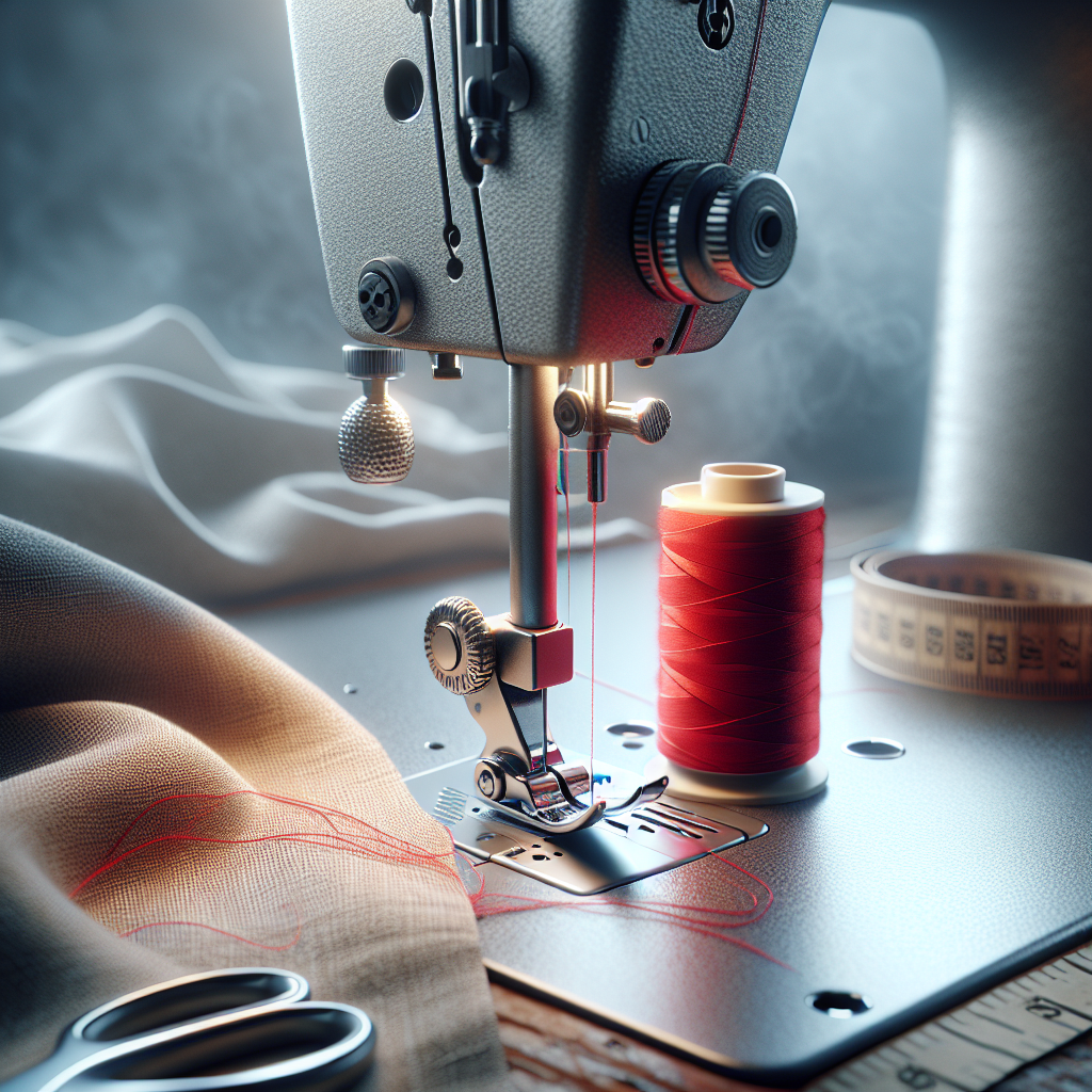 A close-up of a sewing machine displaying red thread and beige fabric, representing proper thread tension.