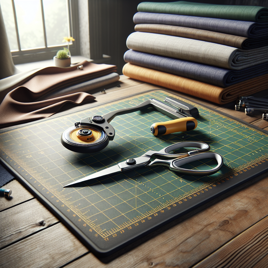 A sewing workspace with a rotary cutter, scissors, and cutting mat, surrounded by colorful fabrics.