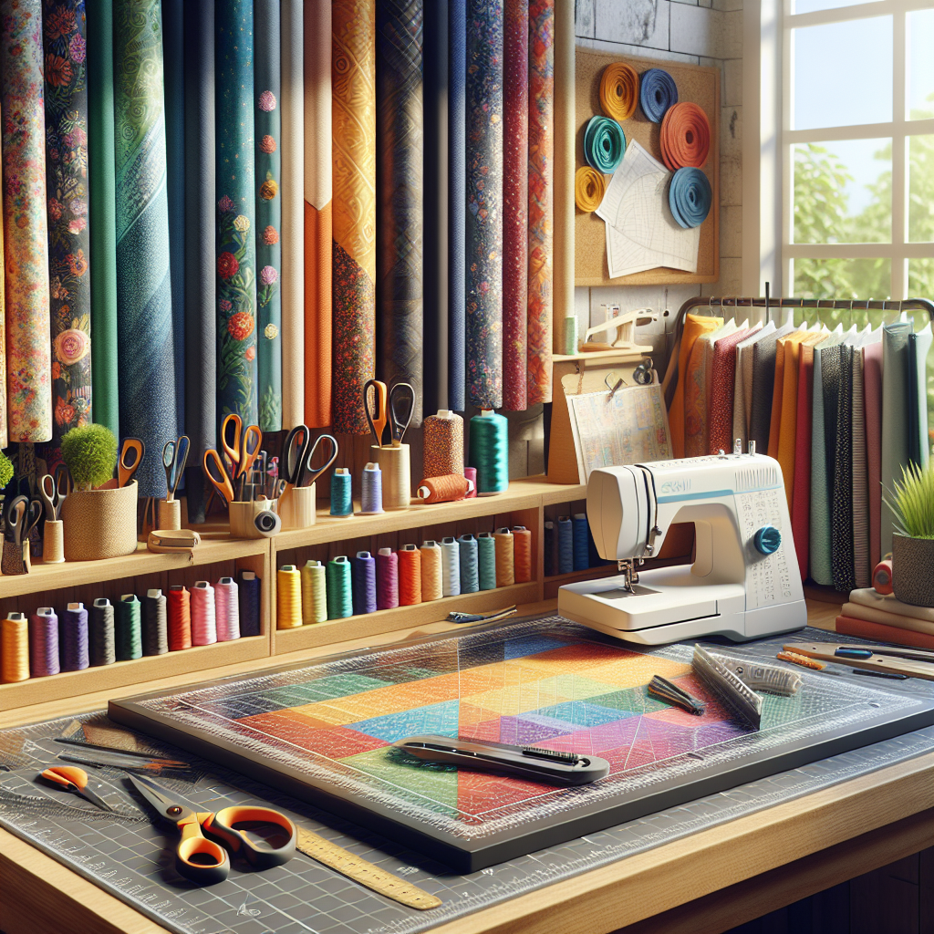 A sewing workspace with a cutting mat, rotary cutter, and vibrant fabric pieces.