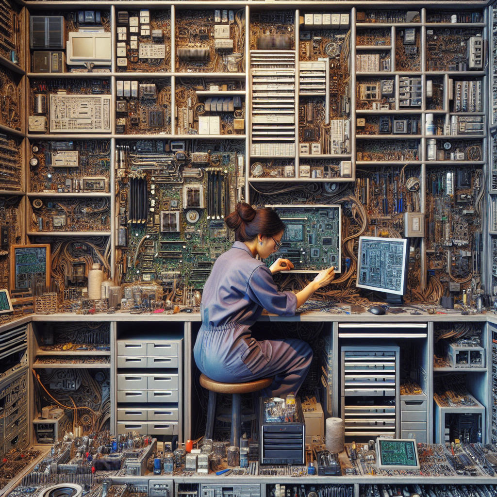 Interior of a computer repair service shop with a technician working on a computer.
