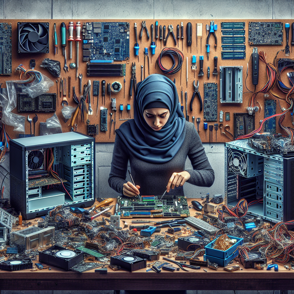 A computer repair service scene with a technician and various computer parts on a workbench.