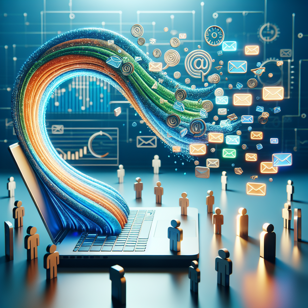 A stream of stylized emails flowing from a laptop to segmented customer profiles, representing email marketing automation.