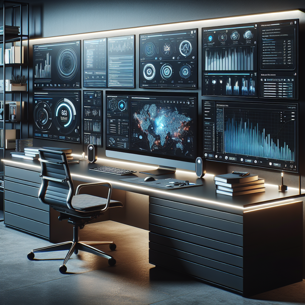 A futuristic office desk setup focusing on email marketing automation, with high-tech computer monitors displaying analytics, scattered marketing books, a backlit keyboard, a wireless mouse, a smart speaker, and a digital calendar without text.
