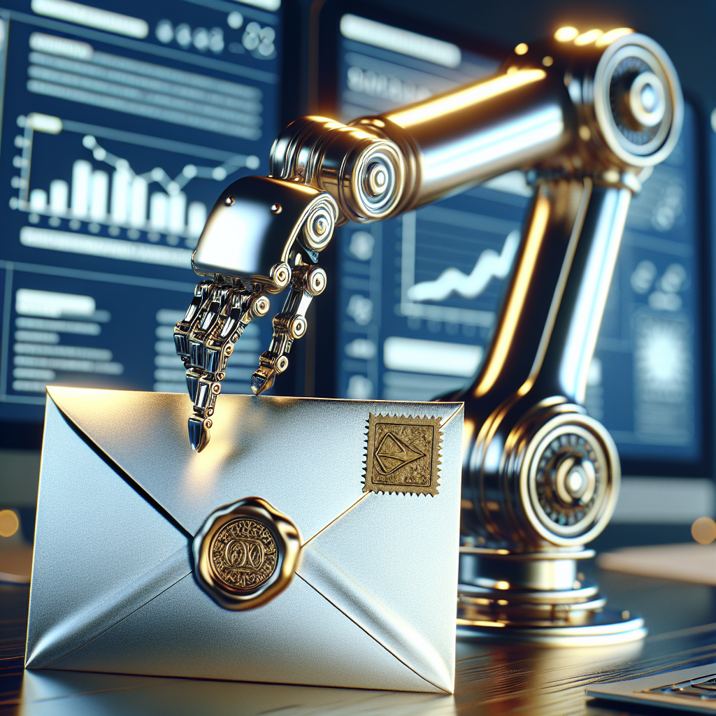 Realistic image of a robot arm holding a sealed envelope against a blurred background of screens displaying email automation workflows.