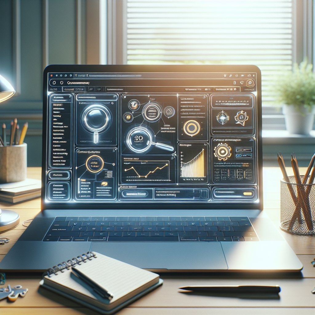 Realistic image of an open laptop with a WordPress SEO dashboard, notepad with SEO notes, in a sunny home office.