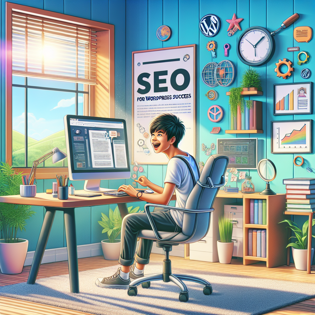 Young blogger writing an SEO-related article at a home office desk with SEO-themed decor.