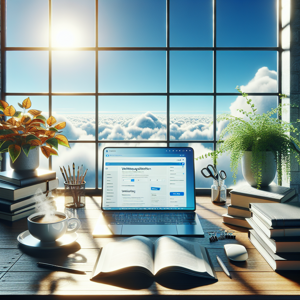 Realistic image of a desk with a laptop open to a WordPress dashboard, SEO books, a mug of coffee, and a plant, symbolizing the study of SEO for WordPress success, with a bright window in the background.