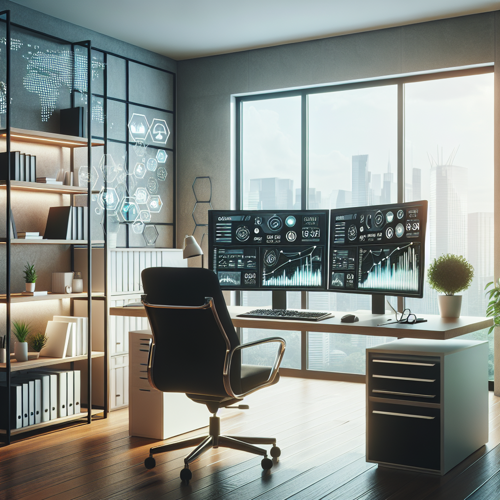 Modern home office setup for web hosting affiliate marketing with workstation, dual monitors, and a view of the cityscape.