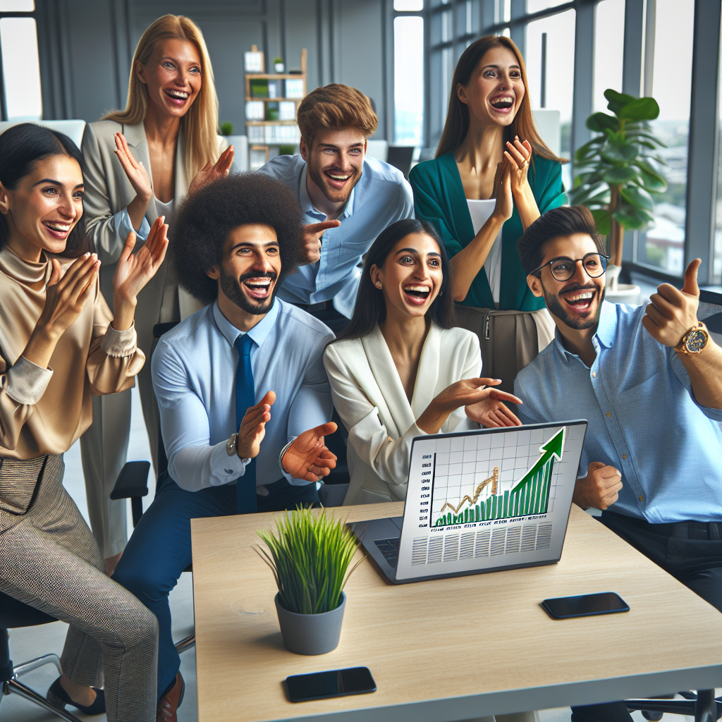 A group of diverse individuals celebrating success around a laptop in a modern, sunlit office, reflecting a moment of achievement and teamwork without any text or logos.