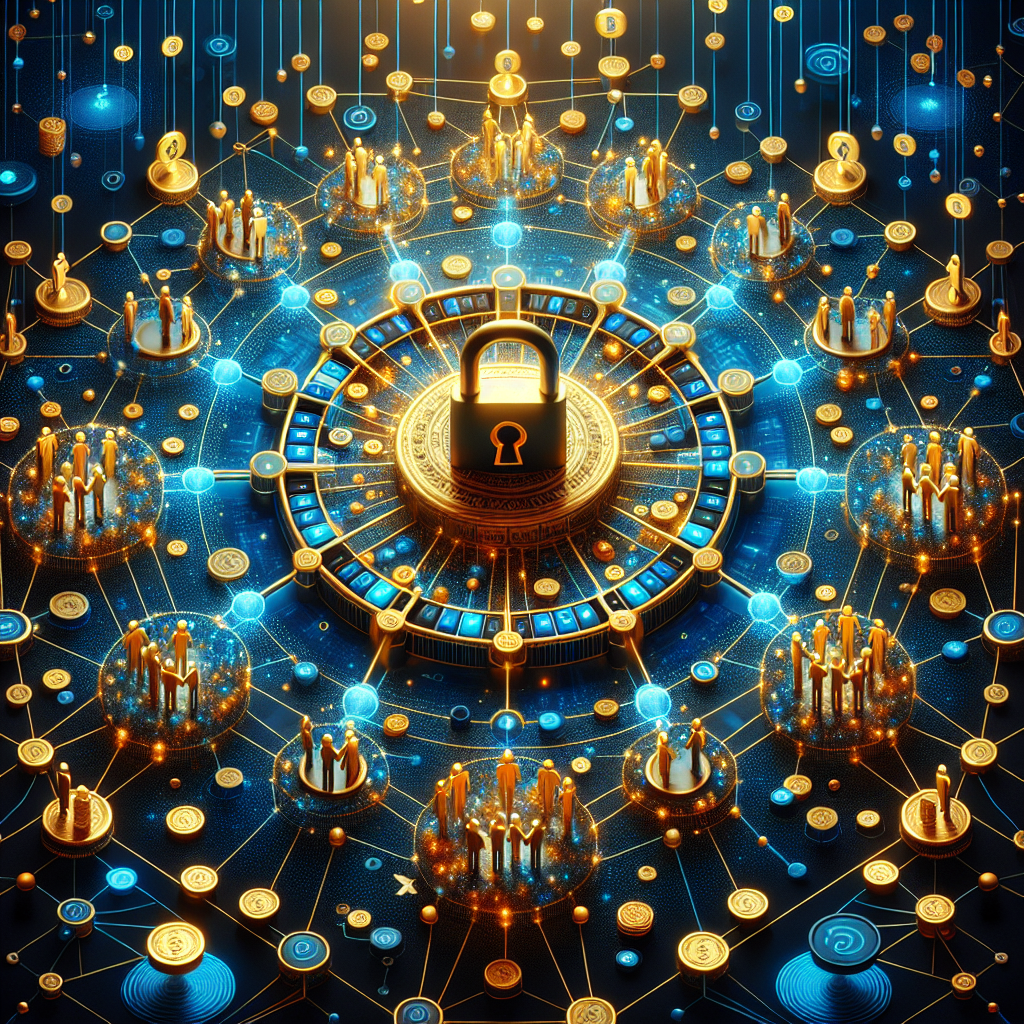 An abstract representation of web hosting affiliate programs with interconnected nodes, currency symbols, a central padlock, and handshake figures, in blue and gold shades.