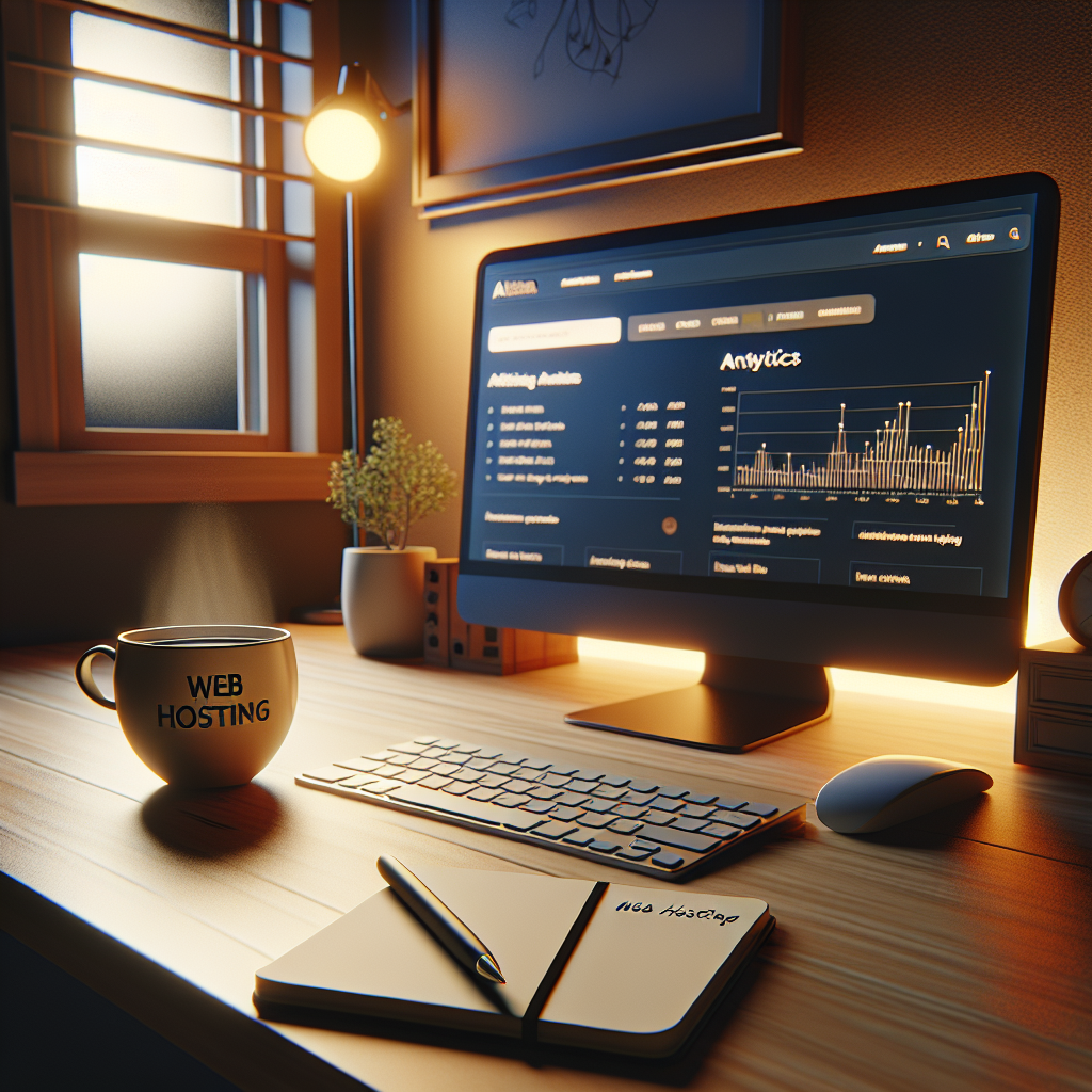 Home office setup with a computer displaying affiliate analytics, a notepad with 'Web Hosting' written, and a cup of coffee.