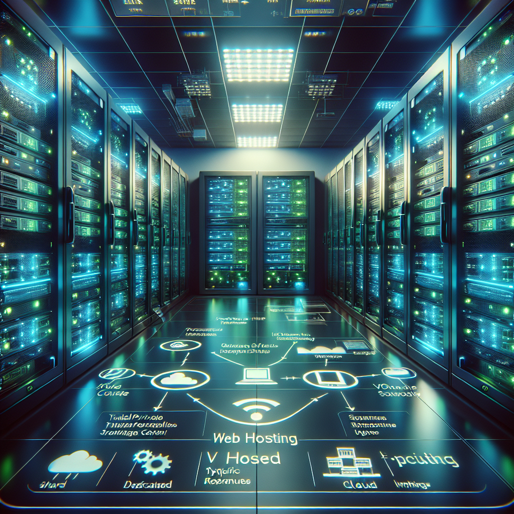 A futuristic server room illustrating different types of web hosting services with high-tech servers.
