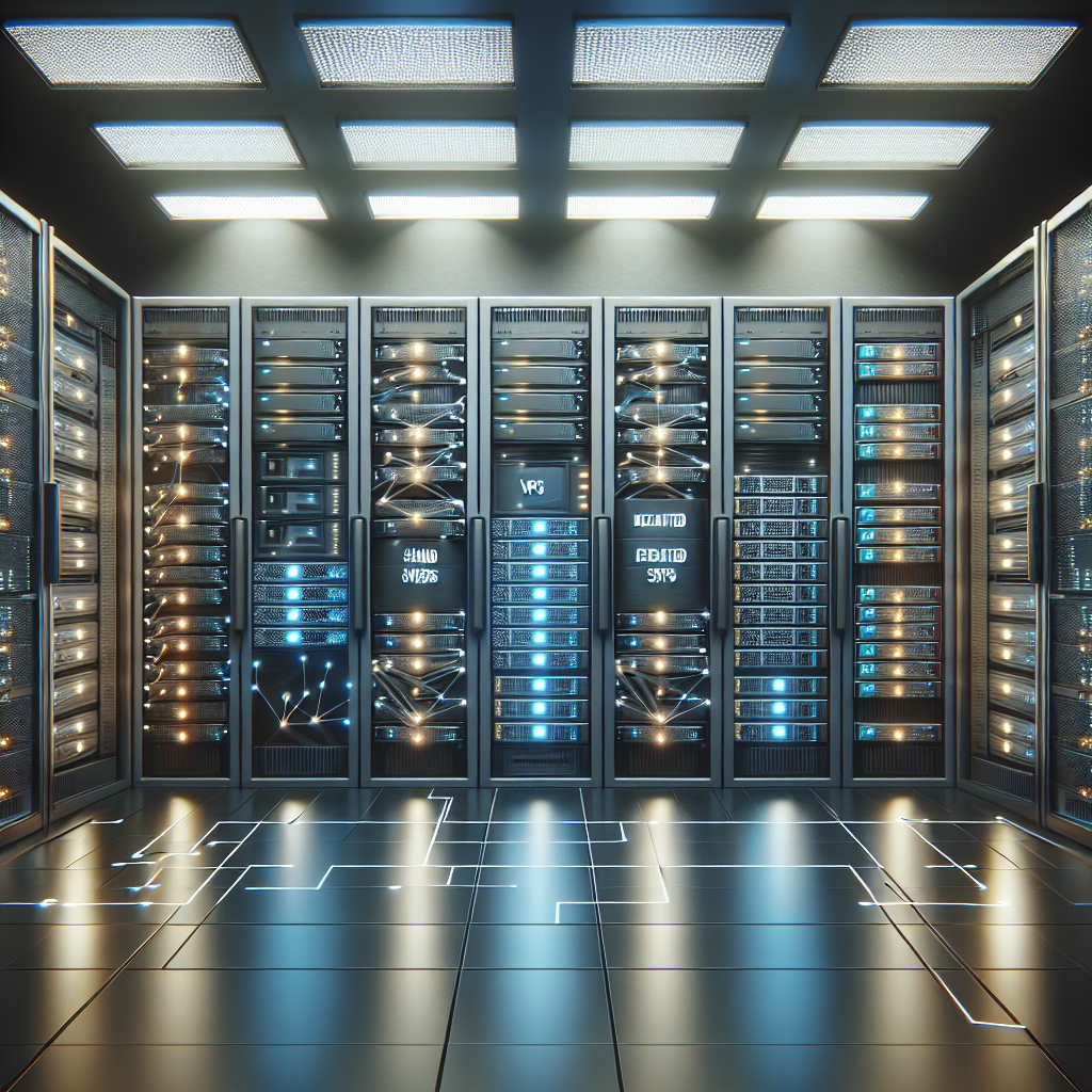 Illustration of a server room showing different types of web hosting services: shared, VPS, dedicated, and cloud hosting.