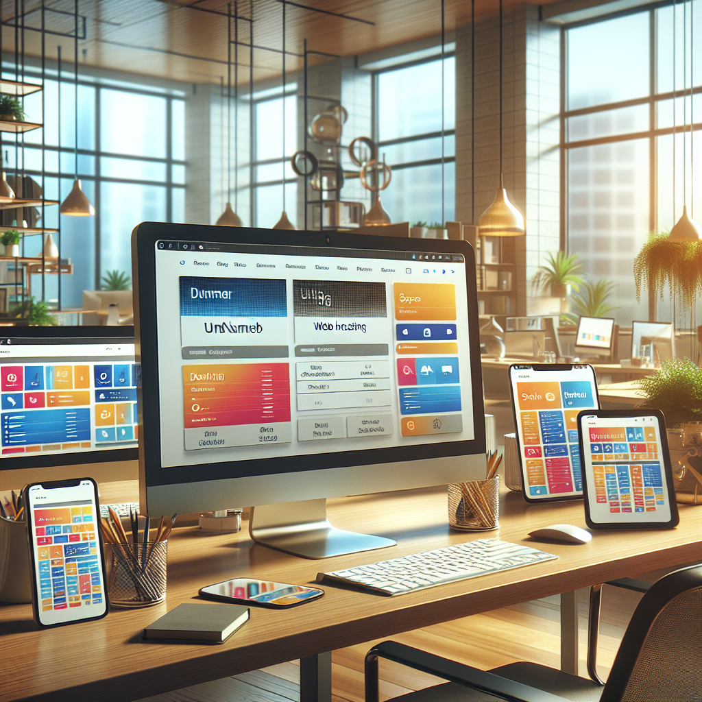 Realistic depiction of web hosting provider interfaces on multiple devices in a modern office environment.